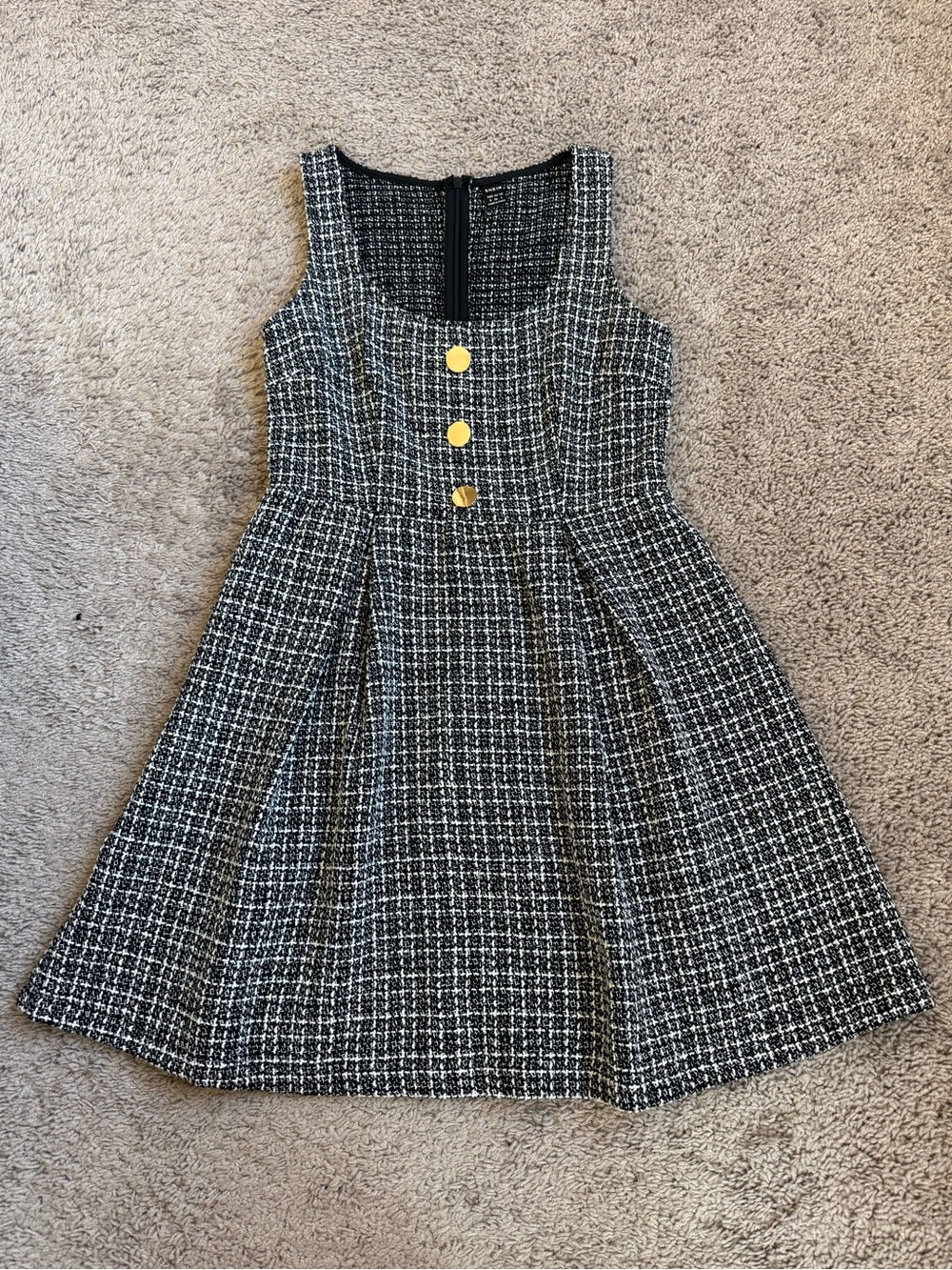 Black & White Tweed Dress with Gold Buttons